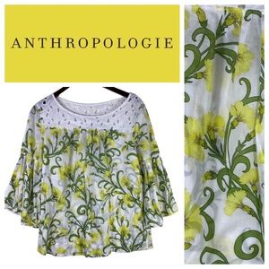 Anthropologie HD in Paris Sz 12 Large Top Shirt Tunic Floral Eyelet Green Yellow
